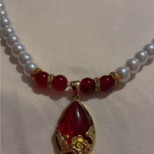 Copper Key Red and Gold Necklace with Lustrous Pearls